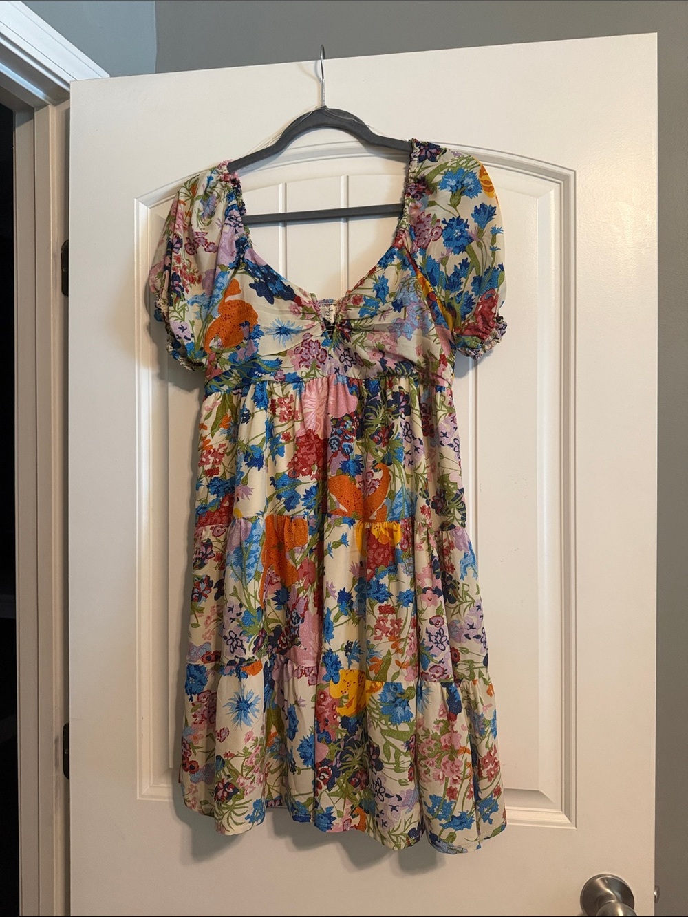 NWOT entro Floral Empire Waist Mini Dress in Cream with Blue and Orange Print